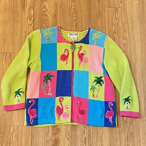 Cárdigan Suéter Jack B Quick Flamingo Cremallera Completa Talla S Cuentas Lentejuelas Colorido - Imagen 1 de 11