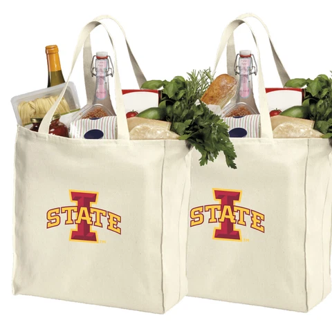 IOWA STATE Shopping Bags ISU Cyclones Grocery Tote 2 PC SET-NATURAL COTTON! Cover