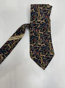 Salvatore Ferragamo Silk Tie Mens Blue Red Abstract Deer Hunter Print Pointed - Picture 1 of 7