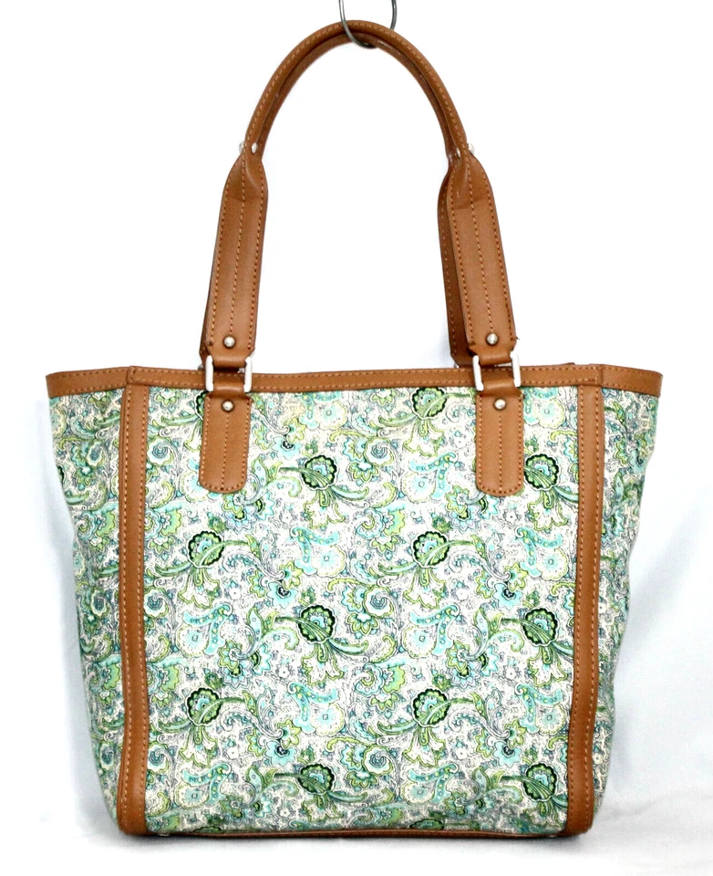 TALBOTS Chic Blue Green Floral Print Canvas Tote Shopper Tan Faux Leather Trim — 第 1/4 张图片