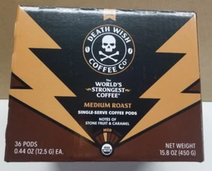 Death Wish Coffee k cup 36 Pods Medium Roast NEW - WORLDS STRONGEST COFFEE 01/24