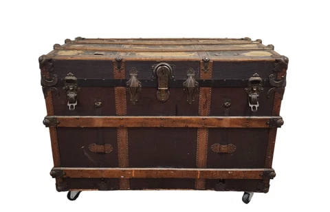 Antique Steamer Trunk With Wheels Casters Tray Named M. Kovoch Cleveland OH Cover