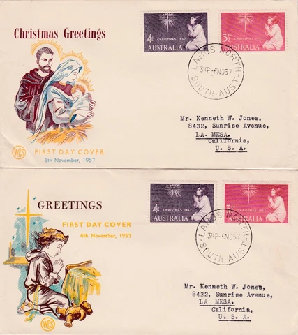 Two 1957 Australia First Day Covers Christmas 4d 3 1/2d Child Praying Stamps Cover
