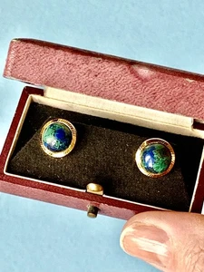 Vintage 9 kt massives Gold Diamantschliff runde blau grüne Chrysokolla Ohrstecker - Bild 1 von 7