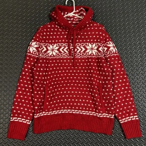 American Eagle rot weiß Strick Fair Isle Muster Kapuzenpullover Damen Medium - Bild 1 von 8