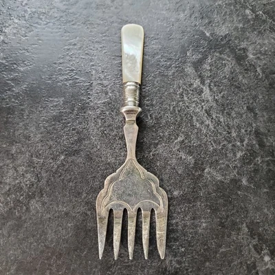 Antique SMALL SERVING FORK w/MOP handle, Sterling Band   5 1/2"   #390 - Image 1 of 4