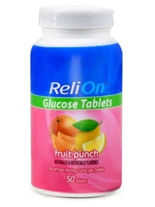 ReliOn Fruit Punch Flavor Glucose Tablets 50 Count 7.4 oz Diabetics on the Go  - Picture 1 of 3