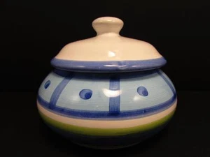 CAA57 by Caleca Zuckerdose verschiedene blaue Punkte Linien grünes Band b24 - Bild 1 von 3