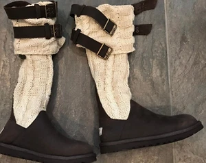 UGG NEW Women 5 Brown Suede Knee High Boots w Cable Knit Socks attached Buckles  - Picture 1 of 5