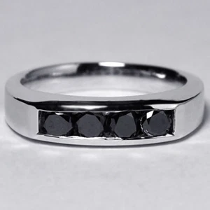 Womens Real Black Diamond Stackable Signet Band Ring Solid 14K White Gold - Picture 1 of 6