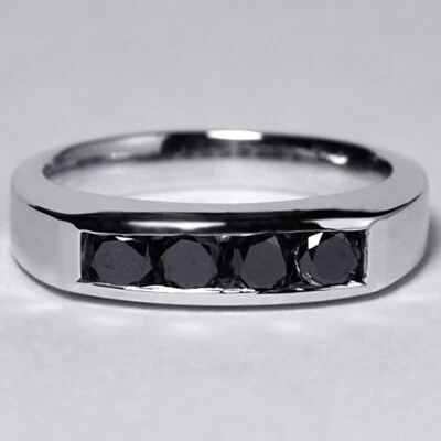 Womens Real Black Diamond Stackable Signet Band Ring Solid 14K White Gold - Image 1 of 4