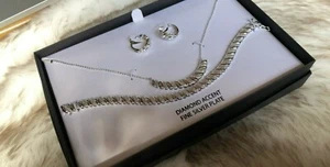 Macy's Diamond Accent Silver Plated Necklace Set $200 Value New - Picture 1 of 4