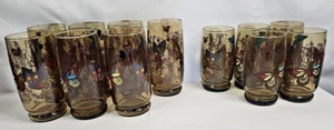 Vintage 16oz & 12oz Libbey Smokey Butterfly Meadow Garden Drinking Glasses Set - Picture 1 of 5
