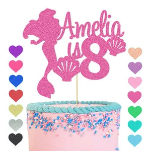 Mermaid Cake Topper Personalised Any Name Age Birthday Glitter Decor for Girls - Picture 1 of 15