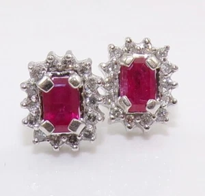 14K White Gold Emerald Cut Red Ruby & Diamond Halo Stud Earrings LLL2 - Picture 1 of 3
