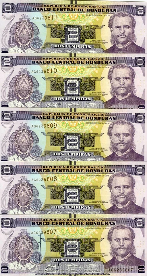 LOT Honduras, 5 x 2 Lempiras, 2016, P-New, UNC New Signature, New Printer - Image 1 of 1