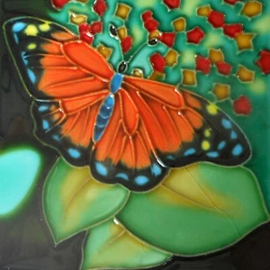 Butterfly hand painted ceramic art tile coaster 4 x 4 inches with back - Picture 1 of 2