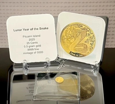 Moneda de oro fino 2025🔥.9999 0,5 g Isla Pitcairn Año Lunar de la Serpiente BU💎CoA Foto 1 de 4
