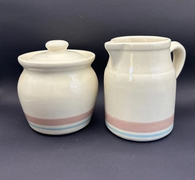 McCoy USA Pottery Pink/Blue Stripe Creamer Pitcher And Lidded Sugar USA Vintage  - Image 1 of 4