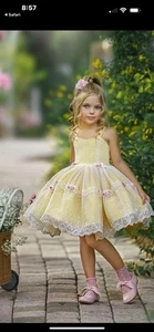 Dollcake Golly Gosh Girls Sz 12Yellow w Lace & Flowers Dress Corset Back Circle - Picture 1 of 7