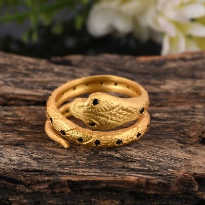 Sterling Silver Gold Plated Zircon Black Texture Snake Wrap Ring For Man Women - Image 1 of 4