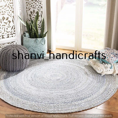 Hand Braided 8 Feet Cotton Rugs Bohemian Area Dhurrie Modern Floor Rag Round Rug - Image 1 of 4
