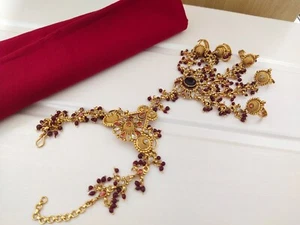 Joyería India Hath Punja Bollywood Étnico Chapado en Oro Pulsera Con Anillos - Imagen 1 de 3