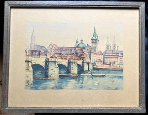 Aquarell Burg Festung Würzburg Altstadt 1947 Brücke Türme Rudolf Schmidt Sign - Picture 1 of 8