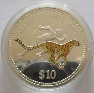 *GUTSE* NAMIBIA, 10 DOLARES 1996, SPRINTER CON GUEPARDO, PROOF, MUY ESCASA. - Foto 1 di 2