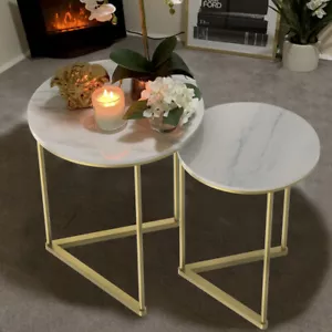 2pack Round Nesting End Table Side Coffee Table Marble Top with Solid Steel Base - Picture 1 of 14