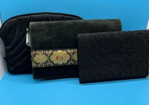 Lot of 3 1960's - 70s Vintage Clutch Handbags Purses Black - Lace, Satin, Suede - Picture 1 of 11