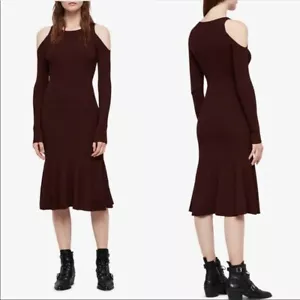 AllSaints Womens Yasmin Bordeaux Twist Dress Cold Shoulder Long Sleeve Small NWT - Picture 1 of 8