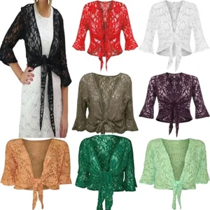 Cárdigan recortado bolero de lentejuelas con encaje floral manga 3/4 para mujer - Imagen 1 de 12