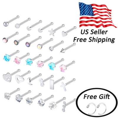 30 PIEZAS Anillos para Nariz Hueso-Stud Pin Circonita cúbica 20G 316L Acero Inoxidable Cuerpo Piercing Joyería Foto 1 de 4