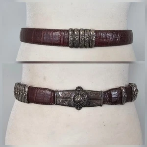 Cinturón medallón concho de cuero vintage Lord & Taylor 29-30" marrón cocodrilo en relieve - Imagen 1 de 20