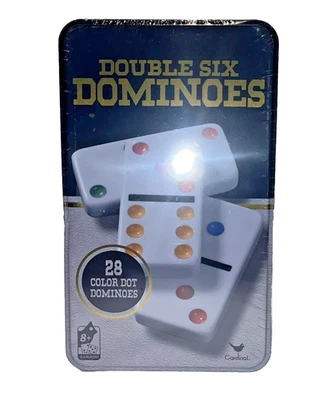 New Sealed Cardinal Double Six Dominoes 28 Color Dot Dominoes Set in Storage Tin - Image 1 of 4