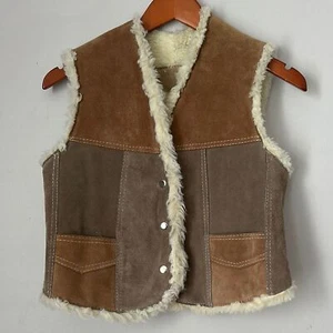 Vintage Patchwork Vest Kids Brown with White Fur Genuine Leather Shearling 1970s - Picture 1 of 5
