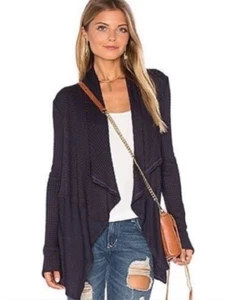 Velvet by Graham & Spencer Bertha Waffle Knit Drape Front Cardigan Navy S NWT - Picture 1 of 6