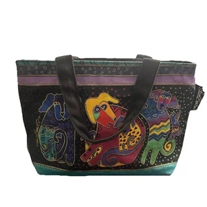Laurel Burch Dogs Small Zip Tote Bag Handbag Multicolor Canvas - Picture 1 of 17