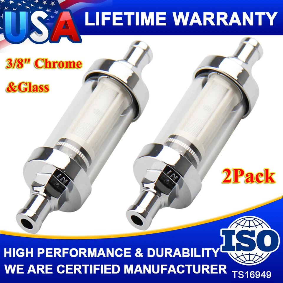 2PCS 9748 Universal Fuel Filter ​Clear View Inline 3/8" Chrome Hose Barb Petrol — 第 1/4 张图片
