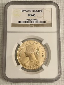 Chile 1959 SO 100 Pesos Gold NGC MS65 SKU#3673 - Picture 1 of 2