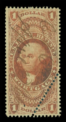 US 1862 Washington - MORTGAGE - $1.00 dull red  w/perf. Error Sc# R73c used VF+  - Image 1 of 2