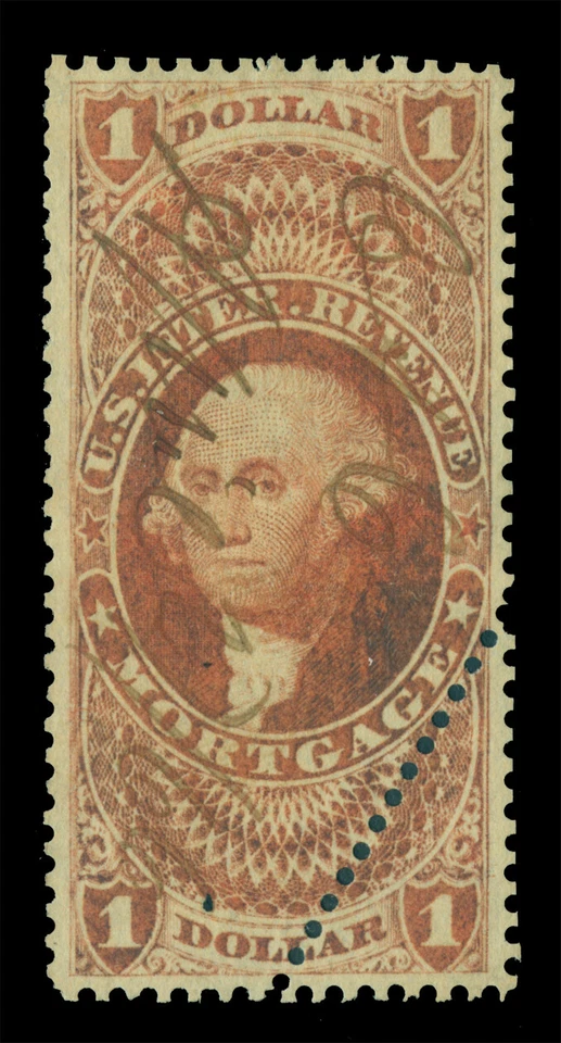 US 1862 Washington - MORTGAGE - $1.00 dull red  w/perf. Error Sc# R73c used VF+  - Image 1 of 2