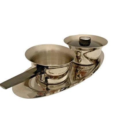 Stainless Steel Creamer Covered Sugar Set Tray MCM 4 pieces Scandinavian Vintage - Image 1 of 4