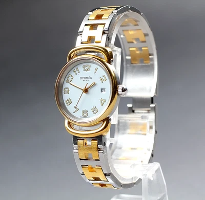 [Near MINT] HERMES Pullman 24mm White Gold Date Quartz Women's Watch From Japan - Image 1 of 4