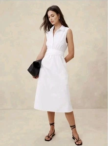 New Banana Republic Shirt Dress XS White Tie Waist 100% Cotton Fit & Flare Midi - Picture 1 of 12