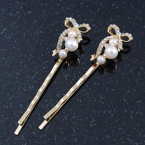 Pair Of Clear Crystal, Simulated Pearl Bow Hair Slides In Gold Plating - 55mm - Picture 1 of 4