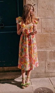 NWT SEZANE MELVILLE DRESS Woman’s XL linen flutter Sleeve Tie Back Colorful $225 - Picture 1 of 14