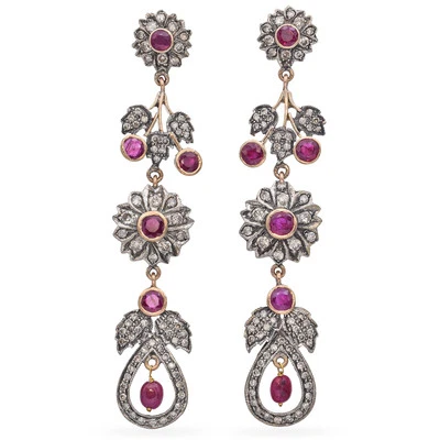 Vintage Ruby and Diamond Floral Drop Earrings - Image 1 of 4