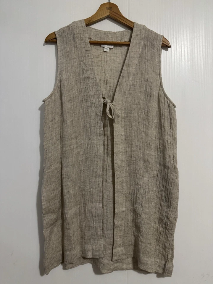 Pure Jill Size S Beige 100% Linen Tie Front Vest Cardigan w/ Pockets Textured - Image 1 of 4